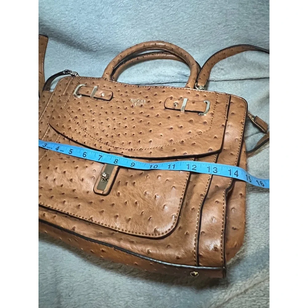 Guess 1981 faux Ostrich Embossed Satchel Crossbody Purse Brown Handle Handbag